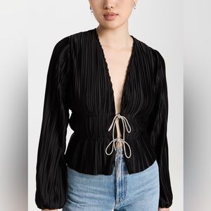 WAYF Plunge V-Neck Long Sleeve Tie Blouse